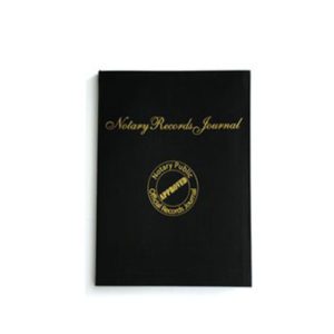 A black book with gold lettering and a logo.