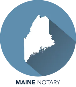 A white silhouette of the state of maine in front of a blue background.